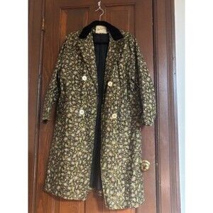 Vintage 1950s Debutogs Floral Brocade Coat Velvet Collar Gold S/M